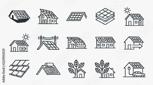 Sustainable Energy Solutions Icon Set Featuring Solar Powered Homes and Renewable Concepts