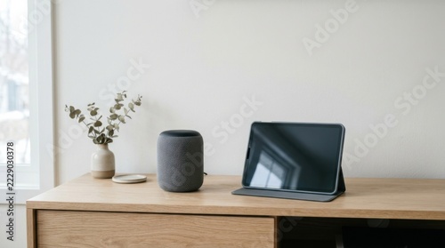 Smart Speaker and Tablet on Wooden Desk in Modern Home Setting