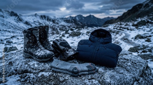 Winter Outdoor Clothing Gear Set for Mountain Expedition