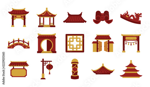 Traditional red and yellow asian buildings for cultural designs.