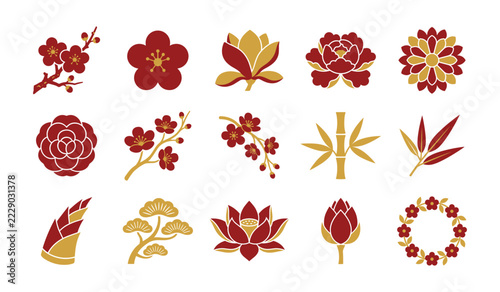 Traditional chinese floral and plant motifs in red and gold.