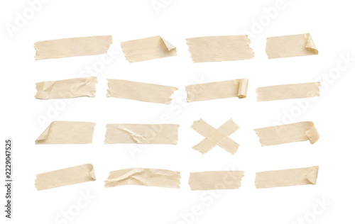 Beige masking tape texture set with torn edges and overlapping paper strips on white background

