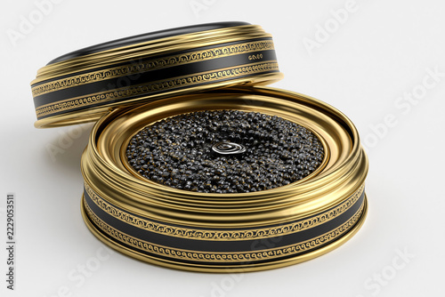 Gold tin open to show a black textured product on a white surface