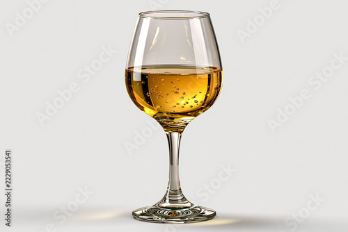 Glass of golden wine with bubbles on a studio surface