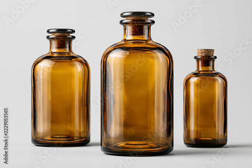 Three amber glass bottles arranged by size on a studio surface