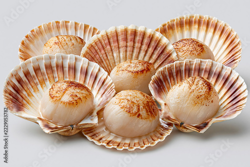 Scallops arranged in open shells for a food display