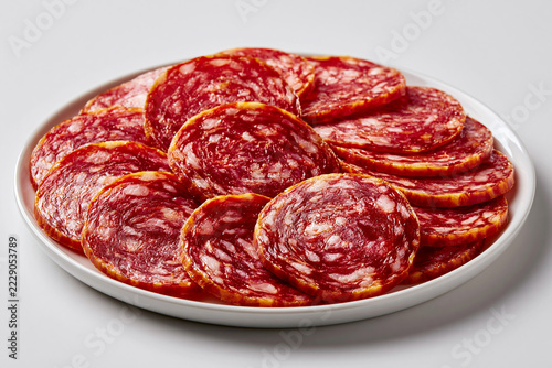 Sliced salami arranged on a white plate for serving