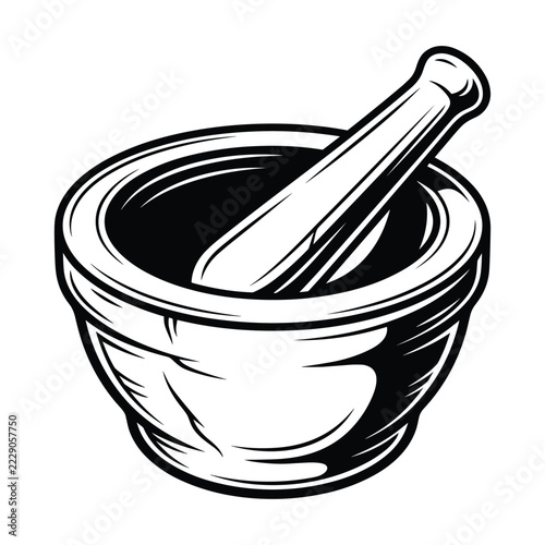Stone Mortar and Pestle Kitchen Tool Monochrome Vector