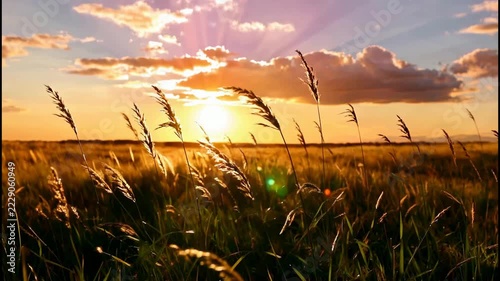 Golden Sunset Over Wheat Field with Sun Rays and Dramatic Clouds in Nature