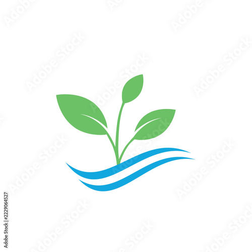 Minimalist vector logo design featuring green plant leaves growing over blue water waves, conceptualizing nature care, sustainability, and eco friendliness, isolated on white background.