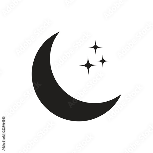 Minimalist black crescent moon vector icon design with three sparkling stars, isolated on white background.