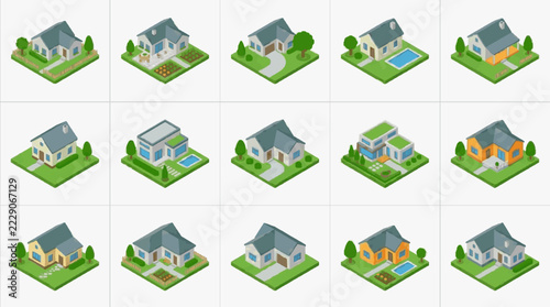Isometric Collection of Stylish Residential Homes with Diverse Architectural Designs