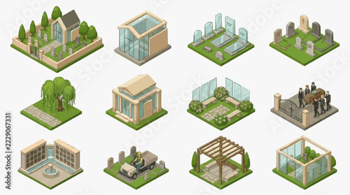 Isometric funeral home and cemetery services collection