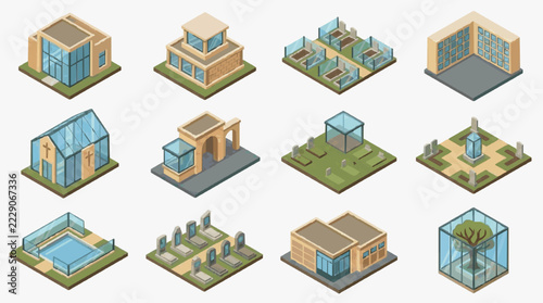 Isometric Buildings Collection Featuring Residential Commercial and Religious Structures