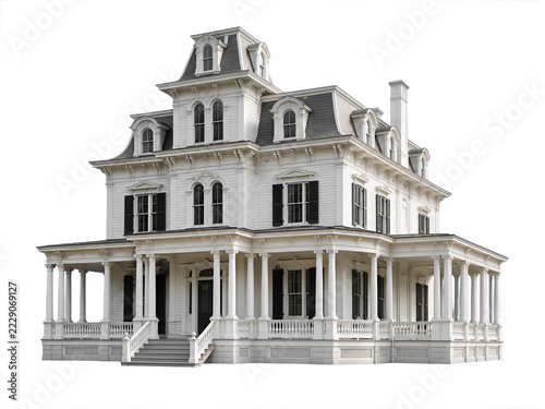 Isometric Elegant White Victorian Mansion with Mansard Roof Isolated Transparent Background