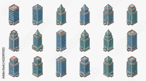 Isometric Collection of Architectural Skyscraper Buildings in Urban Style