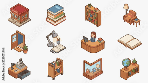 Isometric Icons Set Featuring Library and Study Environment Elements