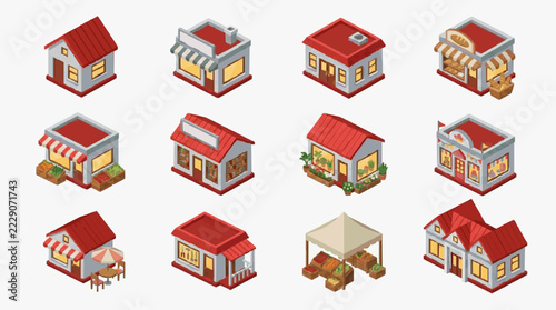 Colorful Isometric Illustrations of Small Business and Market Stalls