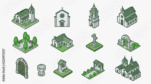 Isometric Collection of Sacred Architecture and Religious Landmarks