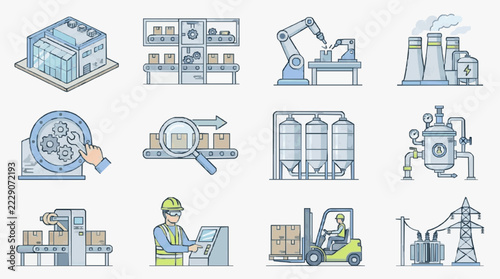Industrial Automation and Manufacturing Process Icons Set
