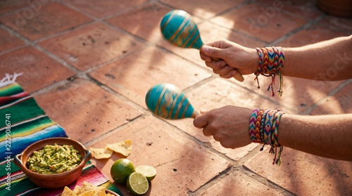 Person Playing Maracas at Mexican Fiesta with Guacamole and Chips