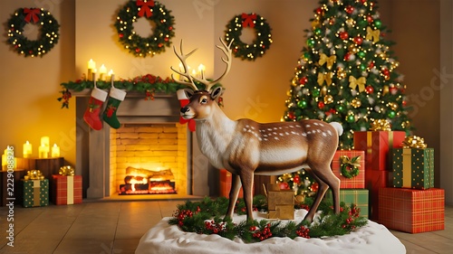 Festive christmas living room with decorated tree, fireplace, gifts and reindeer