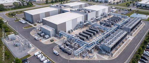 Aerial View of Industrial Data Center Cooling Plant and Chillers