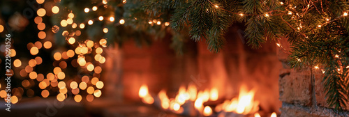 Cozy fireplace glows warmly behind pine branches. Festive lights blur softly in background bokeh. Warmth radiates from flickering flames and greenery. Perfect for holiday, home, or winter mood themes
