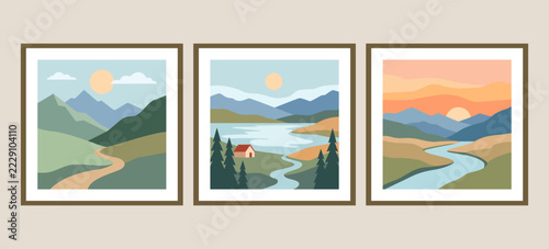 Abstract minimalist landscape vector set of mountain, forest, river, and sunset scenery for wall art decoration