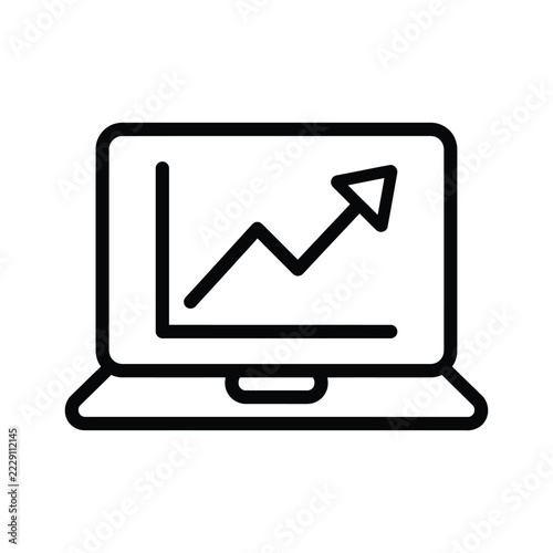 Laptop icon with upward trending line graph, black outline