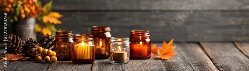 Recycled glass jar candle holder creates warm autumn display with glowing light, colorful foliage and rustic wood for Thanksgiving decor