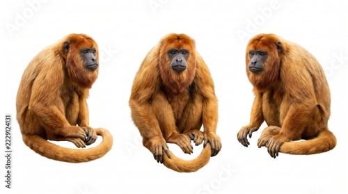 Three red howler monkeys in different poses, isolated on white background, showing thick orange fur and long prehensile tails