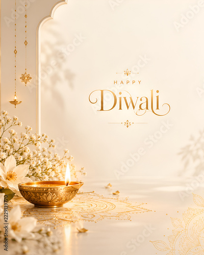 Elegant Happy Diwali greeting with a glowing golden diya, white flowers and delicate decorations on a cream background.