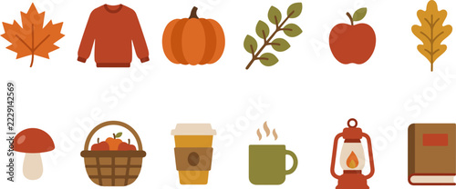 Cozy autumn season flat icon set collection featuring pumpkin, maple leaf, sweater, coffee, lantern and book, fall harvest vector illustration elements