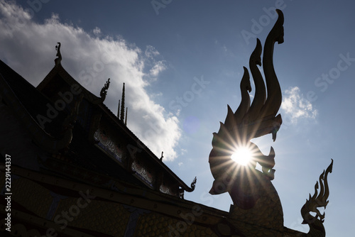 A view of the Buddhist temple at sunset.