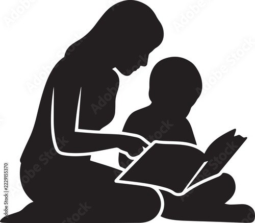 Mother reads storybook to young child sitting on floor black silhouette design for education activity theme.