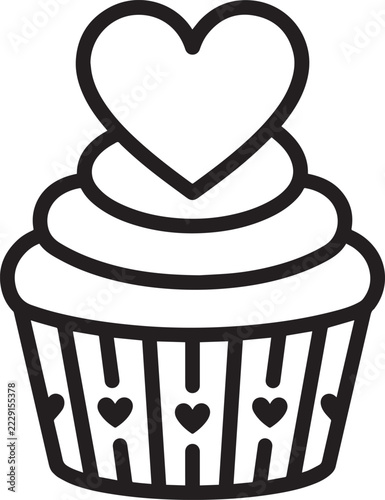Decorative cupcake with heart topper and patterned wrapper black line drawing for romantic party theme.