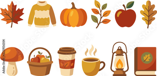Cozy autumn season flat icon set collection featuring pumpkin, sweater, coffee cup, lantern and book, fall harvest vector illustration elements