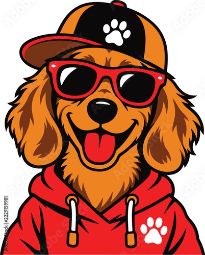 Cool golden retriever dog wearing sunglasses and hoodie, cartoon illustration for design.