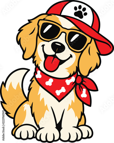 Happy golden retriever puppy wearing sunglasses and red baseball cap with bone pattern bandana neck scarf.