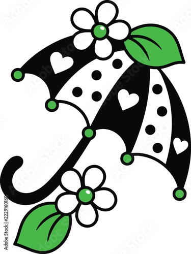 Decorative polka dot umbrella with white daisy flowers and green leaves featuring heart shapes and swirls.
