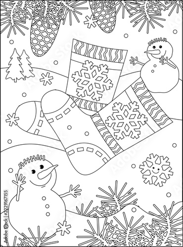 Cute cheerful snowmen found two lost cozy socks in the winter forest coloring page
