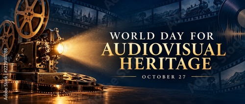 World Day for Audiovisual Heritage Banner with Glowing Vintage Film Projector