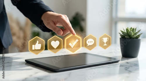 Hand of professional selecting glowing golden checkmark rating token among options including thumb heart message and trophy symbols representing customer feedback and service satisfaction