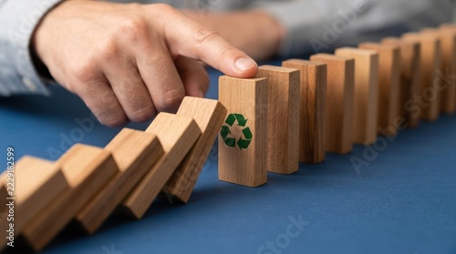 Hand stopping falling line of wooden domino blocks with a marked recycling symbol block representing environmental sustainability crisis management and green energy protection
