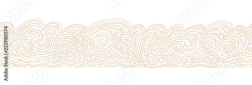 Chinese sea waves in traditional art minimal style. Abstract flowing seamless pattern with golden line and curves elegant oriental backdrop for textile, wallpaper and graphic marine design project