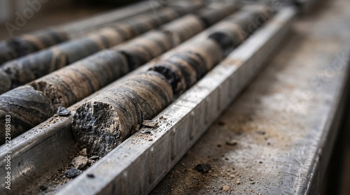 Geological drill core samples neatly arranged in a metal tray for mining exploration