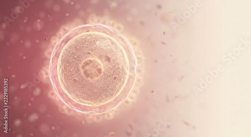 Macro view of a single human ovum cell floating in a microscopic biological environment