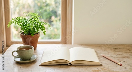 Open notebook with a steaming cup of tea and a potted plant on a cozy rustic wooden desk