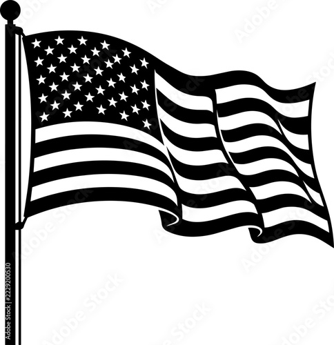 USA flag waving on a pole, black and white silhouette icon of the American national banner with stars